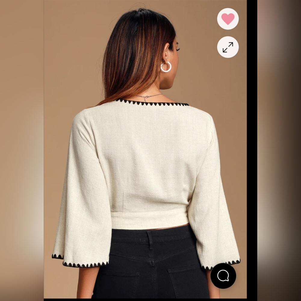 Lulu's Allamenda Beige Wrap Blouse with Black Edging. Small - Picture 2 of 6